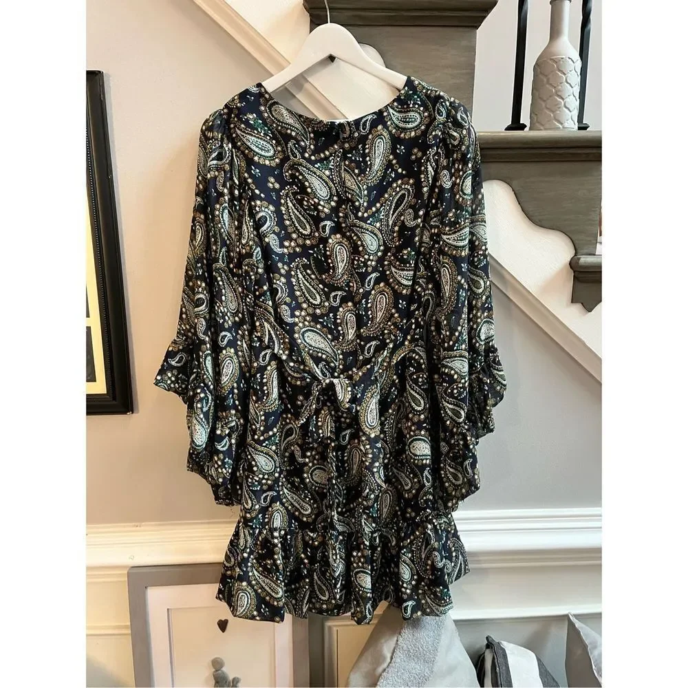 Betsey Johnson Navy Paisley Boho Wide Sleeve Back Tie Dress sz 8 EUC